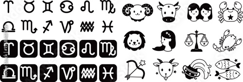 12星座の記号とイラストアイコンセット　モノトーン
