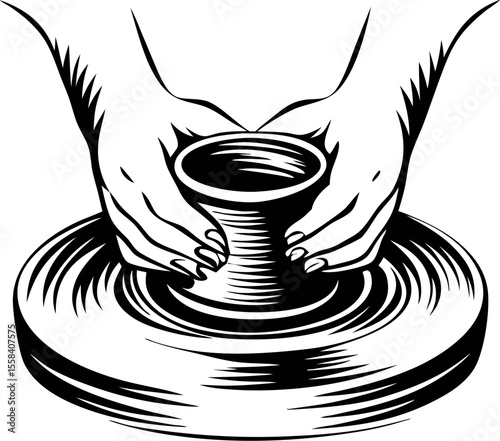 Hands shaping clay pot on wheel isolated vintage hand drawn pottery illustration in black and white