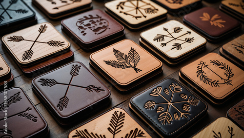 Variety of wooden and leather coasters displaying artistic floral and arrow designs