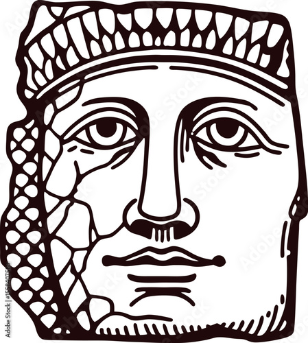 Ancient stone sculpture face illustration with cracked texture, detailed historic engraving drawing