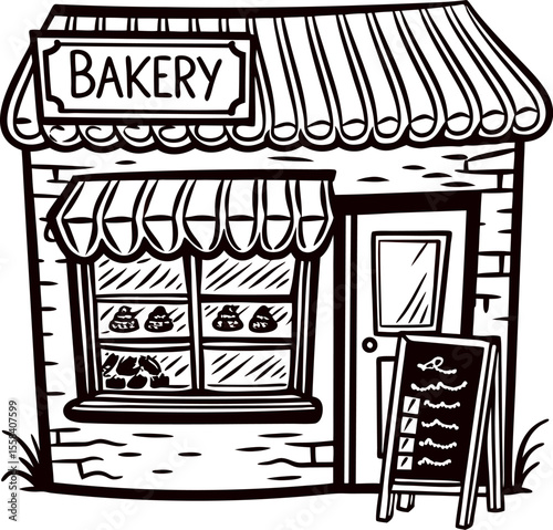 Hand drawn bakery shop with window display and outdoor chalkboard menu in vintage sketch