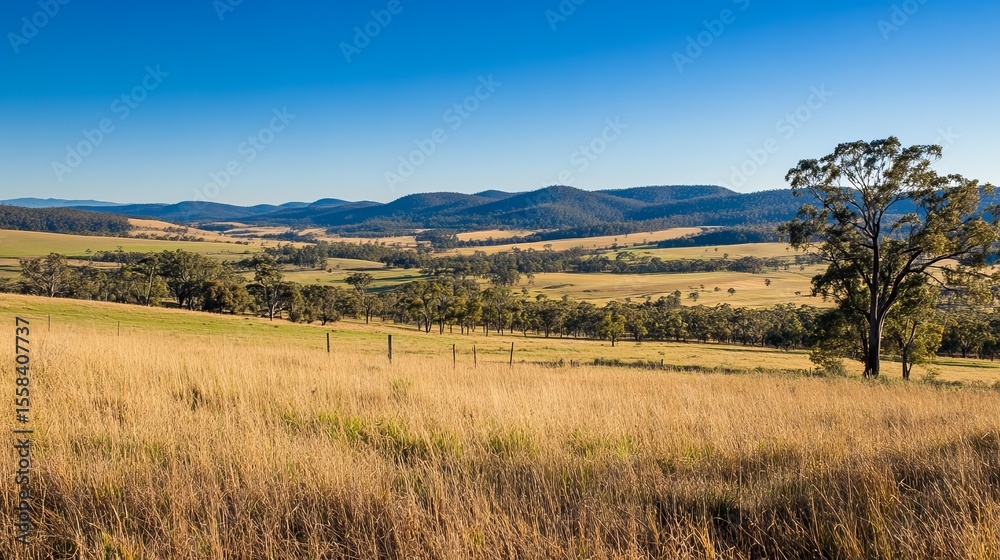 Fototapeta premium Serene valley landscape under a clear blue sky, featuring golden grasslands, distant hills, and a lone tree