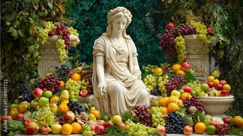 Roman marble statue surrounded by vibrant fruits and greenery in classical garden with abundance theme