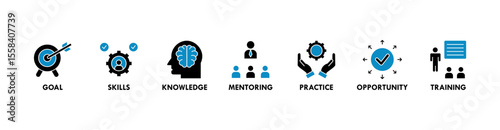 Internship banner web icon vector illustration concept with icon of goal, skills, knowledge, mentoring, practice, opportunity, and training