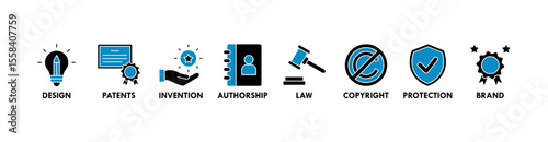Intellectual property banner web icon vector illustration concept for trademark with icon of design, patents, discovery, authorship, law, copyright, protection, and brand