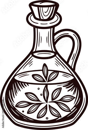 Vintage hand drawn olive oil cruet with cork stopper and olive branch, monochrome sketch illustration