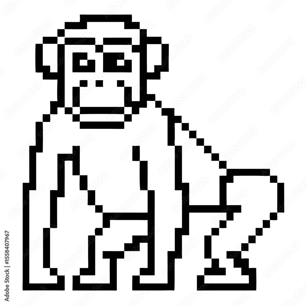 Obraz premium Stylized pixel art outline of a bonobo monkey in a crouching position