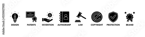 Intellectual property banner web icon vector illustration concept for trademark with icon of design, patents, discovery, authorship, law, copyright, protection, and brand