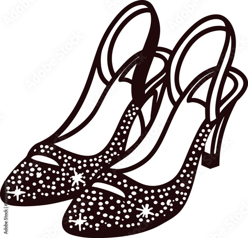 Elegant high heel shoes with sparkling star patterns in black and white illustration