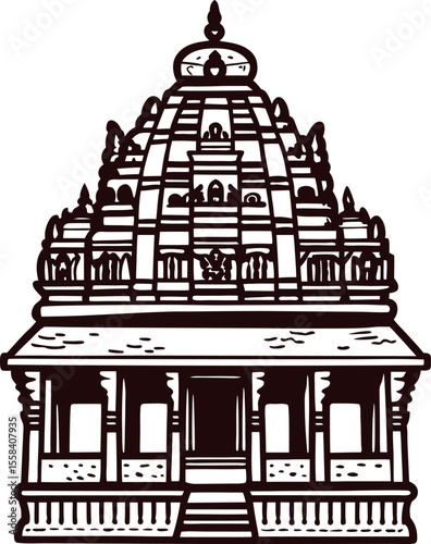 Intricate hand drawn illustration of ancient hindu temple with traditional dome and ornate architecture details