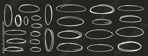 Crayon outline ovals or ellipses set. Pencil hand drawn emphasis elements, freehand line art white frames. Doodle style chalk sketches, round shapes on black background. Vector illustration