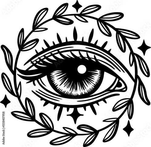 Decorative all seeing eye symbol with ornate lashes and leafy circular border, hand drawn mystical illustration