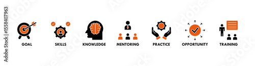 Internship banner web icon vector illustration concept with icon of goal, skills, knowledge, mentoring, practice, opportunity, and training