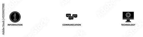ICT banner web icon vector illustration concept for information and communications technology with icon of antenna, radio, network, website, database, cloud, server, data, electronic, and processor
