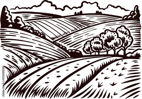 Rolling countryside hills with trees and clouds in vintage engraved sketch illustration