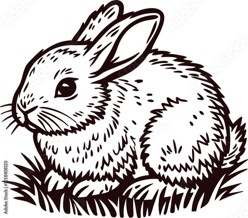 Detailed hand drawn illustration of a fluffy rabbit sitting in grass, vintage engraved black and white