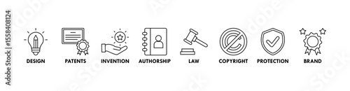 Intellectual property banner web icon vector illustration concept for trademark with icon of design, patents, discovery, authorship, law, copyright, protection, and brand