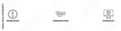 ICT banner web icon vector illustration concept for information and communications technology with icon of antenna, radio, network, website, database, cloud, server, data, electronic, and processor