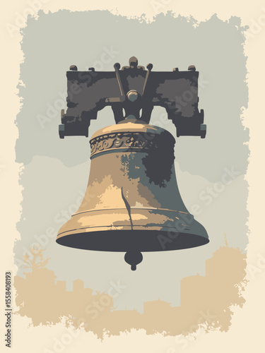 Modern poster with a minimalist illustration of the Liberty Bell, in bronze, charcoal gray, and off-white