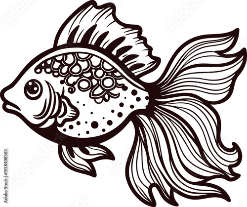 Detailed hand drawn illustration of a decorative goldfish with flowing fins and scales isolated on white background