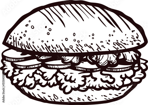 Hand drawn sketch of a crispy chicken sandwich with lettuce, tomato, and bun in vintage engraved illustration