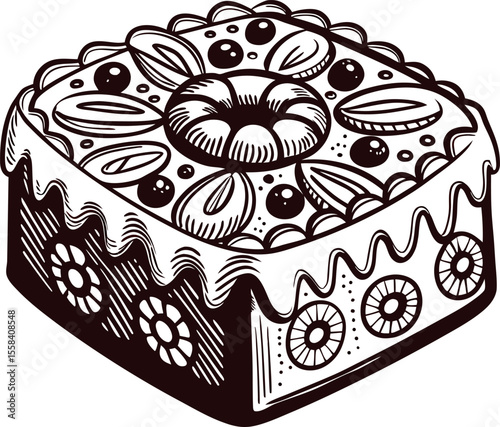 Decorative vintage cake illustration with intricate floral and geometric icing patterns on a square dessert