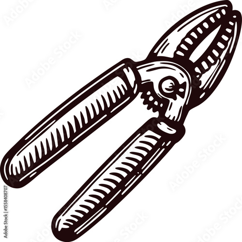 Vintage engraved illustration of hand held pliers tool with textured wooden handles and metal jaws isolated on white