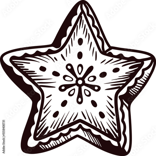Hand drawn starfish illustration with decorative patterns and botanical engraving details on white background