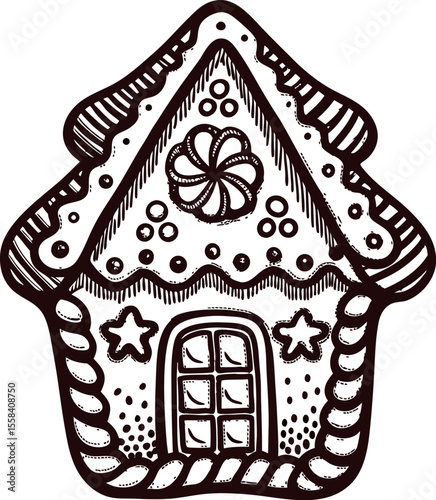 Hand drawn gingerbread house with decorative candy elements and icing details in vintage engraved