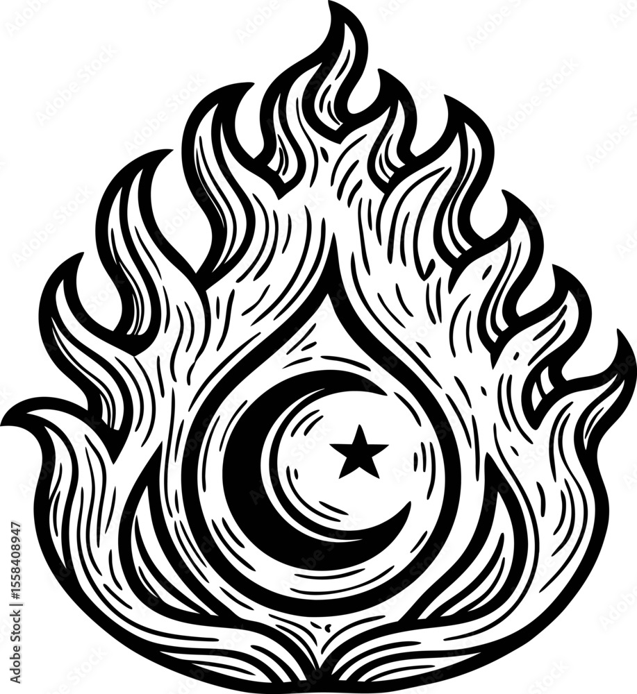 Obraz premium Ornate crescent moon and star within decorative flame motif, hand drawn black ink illustration