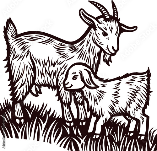 Engraved illustration of adult goat and kid standing on grass in vintage rural farm scene