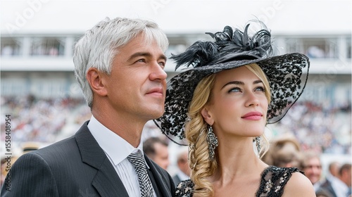 Elegant man and woman in stylish formal attire at outdoor event with crowd in background looking upward