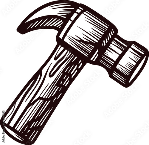 Vintage hand drawn hammer illustration with wooden handle and metal head, carpentry tool sketch