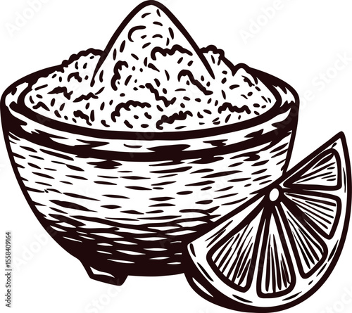 hand drawn bowl of salt with a lemon wedge rustic engraving seasoning and citrus illustration
