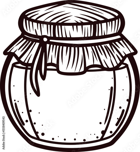 Hand drawn glass jar with fabric lid sketch vintage preserved food container black and white illustration