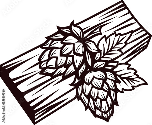 Vintage engraved drawing of wooden log with hop cones and leaves illustration