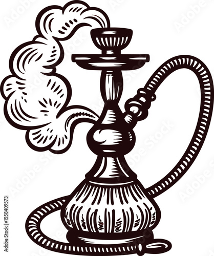 Hand drawn engraved vintage hookah with swirling smoke isolated on white background illustration