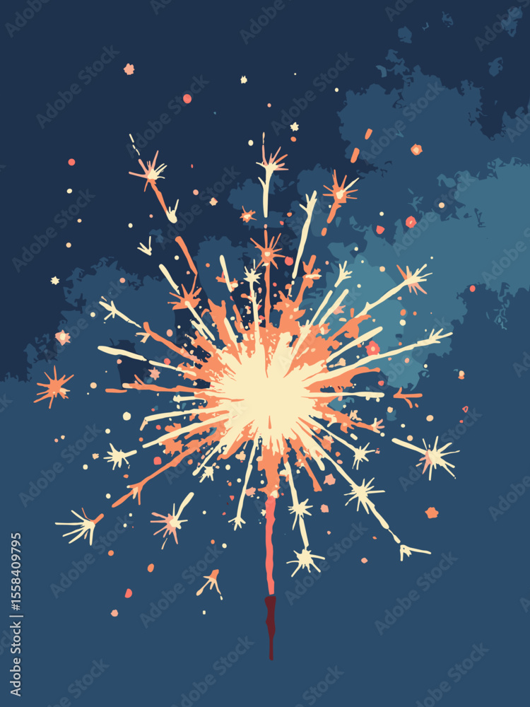 Obraz premium Abstract 4th of July poster with a swirl of light trails from sparklers, in orange, white, and red on a deep blue canvas