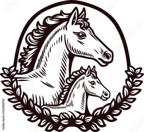 Elegant engraved illustration of adult and young horse heads framed by laurel wreath in vintage
