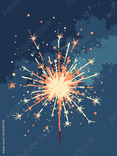 Abstract 4th of July poster with a swirl of light trails from sparklers, in orange, white, and red on a deep blue canvas