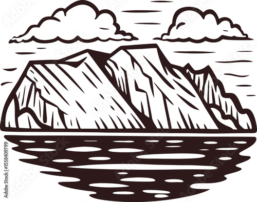 Engraved rocky mountain landscape with lake and clouds under open sky illustration