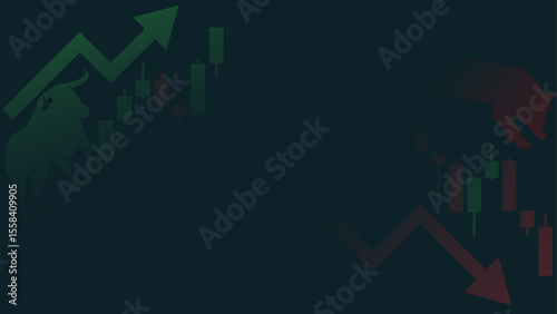 financial business background with Bull and bear market trends illustrated through candlestick charts. Suitable for financial presentations, investment reports, and market analysis articles.