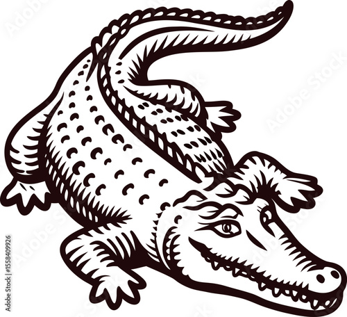 Vintage hand drawn alligator illustration in black and white with detailed scales and expressive face