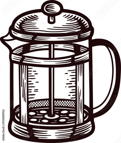 Hand drawn vintage french press illustration with intricate details and classic engraved woodcut technique