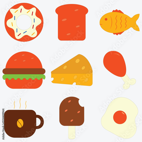 Colorful flat design food icon set featuring a donut, toast, fish, burger, cheese, drumstick, coffee, chocolate popsicle, and fried egg on a light background.