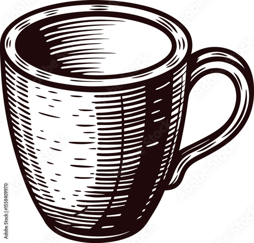 Hand drawn illustration of ceramic coffee mug in vintage engraved with curved handle