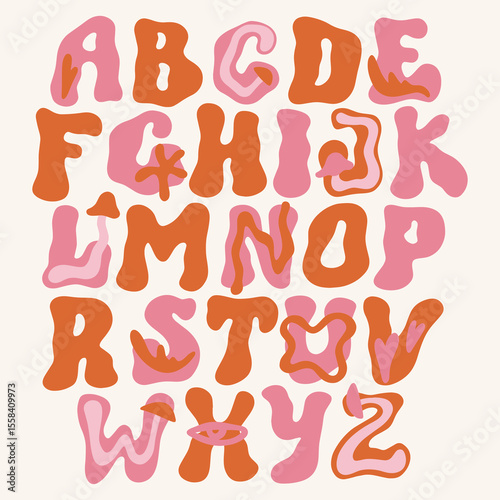 Groovy liquid positive vibe aesthetic hand-drawn bright color alphabet font with flowers and mushrooms in hippie bohemian groovy postmodern funky 1960s boho mushroomcore trendy psychedelic style