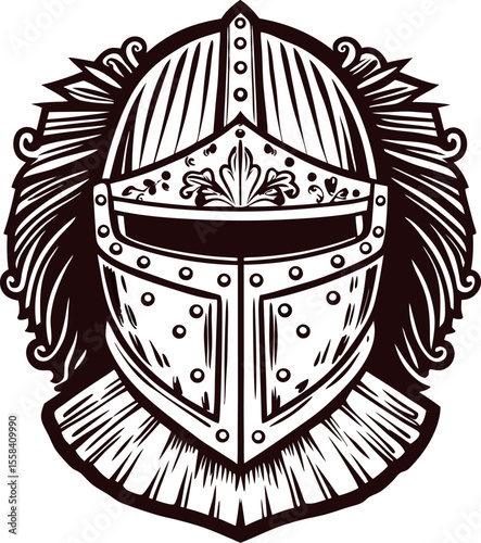 Intricately detailed medieval knight helmet with ornate plume and engraved visor isolated on white background illustration
