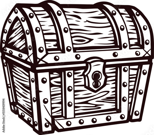 Hand drawn antique wooden treasure chest with curved lid and metal accents isolated on white background