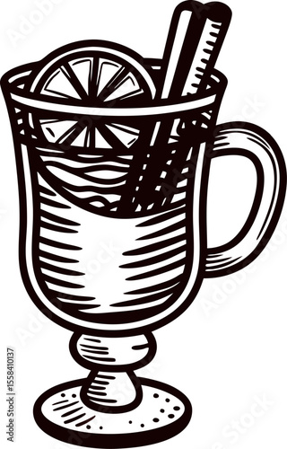 Hand drawn spiced mulled wine glass with cinnamon stick and orange slice in vintage sketch black and white